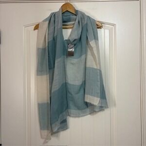 J Jill‎ Plaid Lightweight Poncho Scarf Blue Cream Fringe Women's